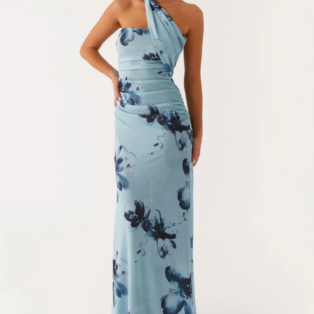 Blue Floral Strapless Dress